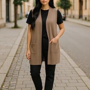 Spense Open Front Sleeveless Tan Duster Vest with Pockets Size M 6-10